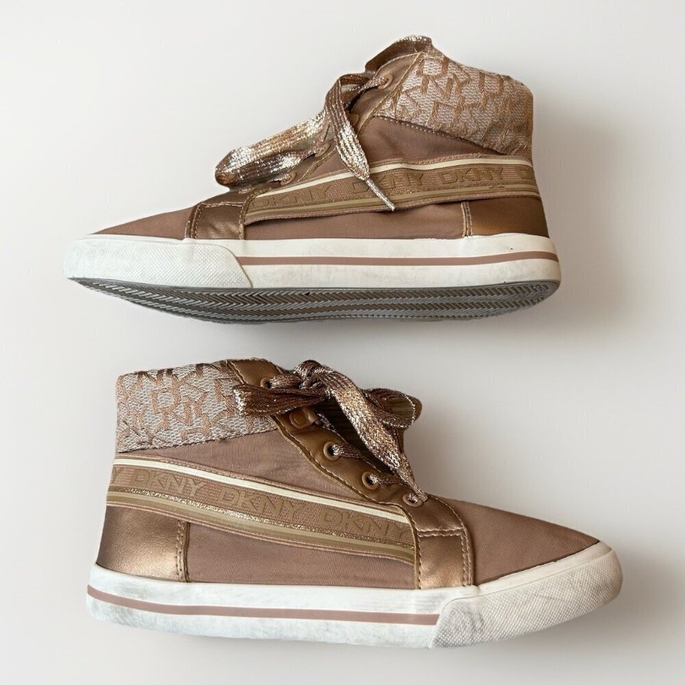 DKNY Girls Fashion Shoes Size 3.5 Gold Lace Up Side Zipper Mid Top Sneakers GUC